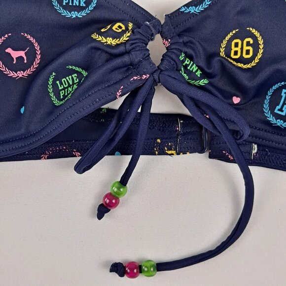PINK Navy Blue Bikini Top Multi Color Logo Circle/Tie in Center Adj Neck Ties - Picture 3 of 12
